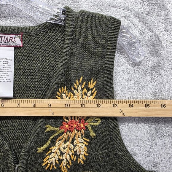 Tiara International Sweater Vest Womens Large Green Embroidered Rooster Pumpkin - Picture 7 of 7